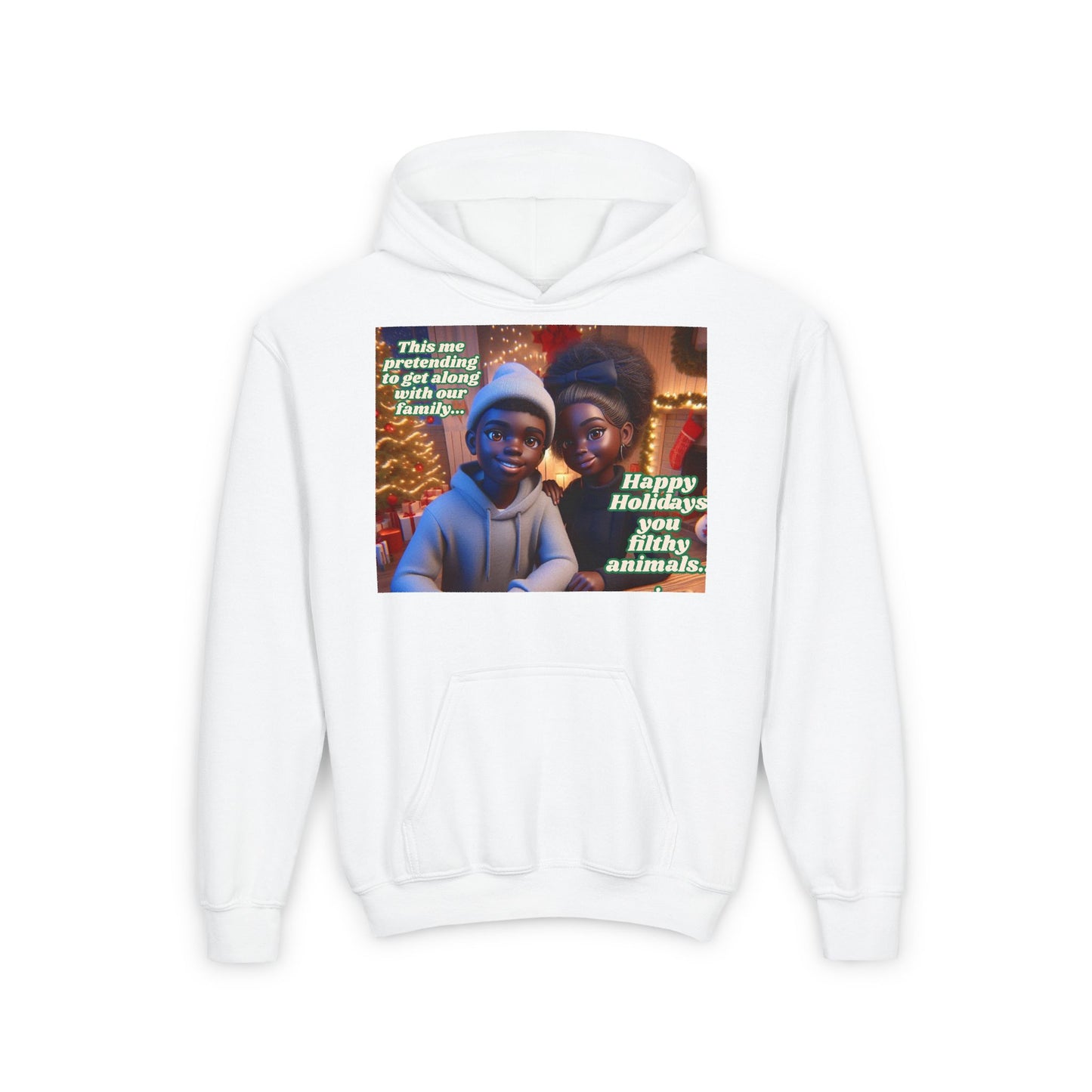 Youth Heavy Blend Hooded Sweatshirt- Happy Holidays You Filthy Animals"