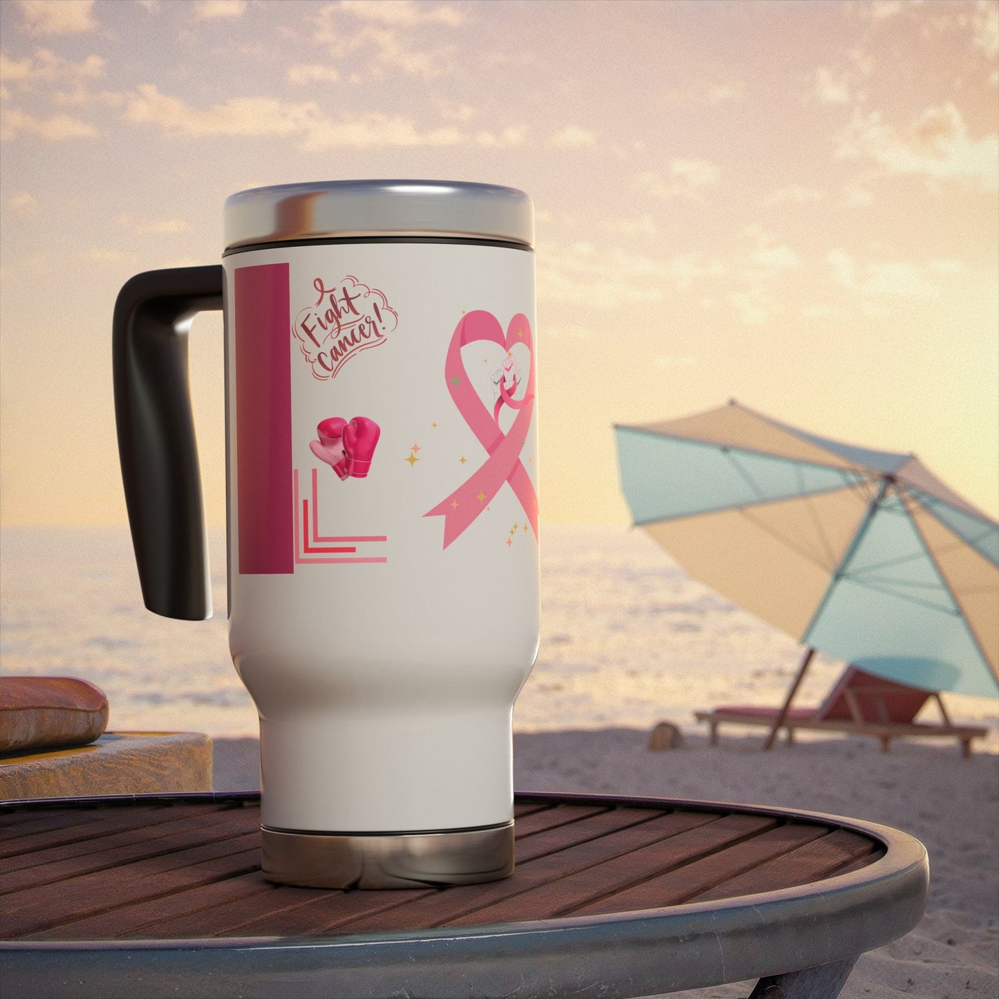 Breast Cancer Awareness- Stainless Steel Travel Mug with Handle, 14oz