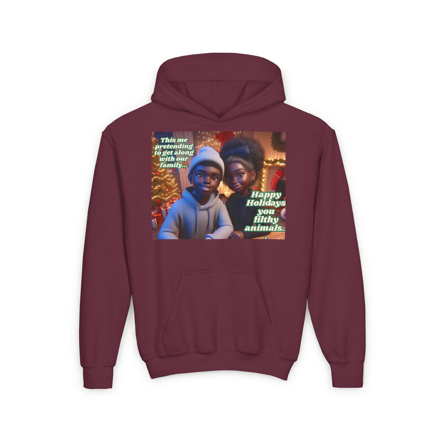 Youth Heavy Blend Hooded Sweatshirt- Happy Holidays You Filthy Animals"