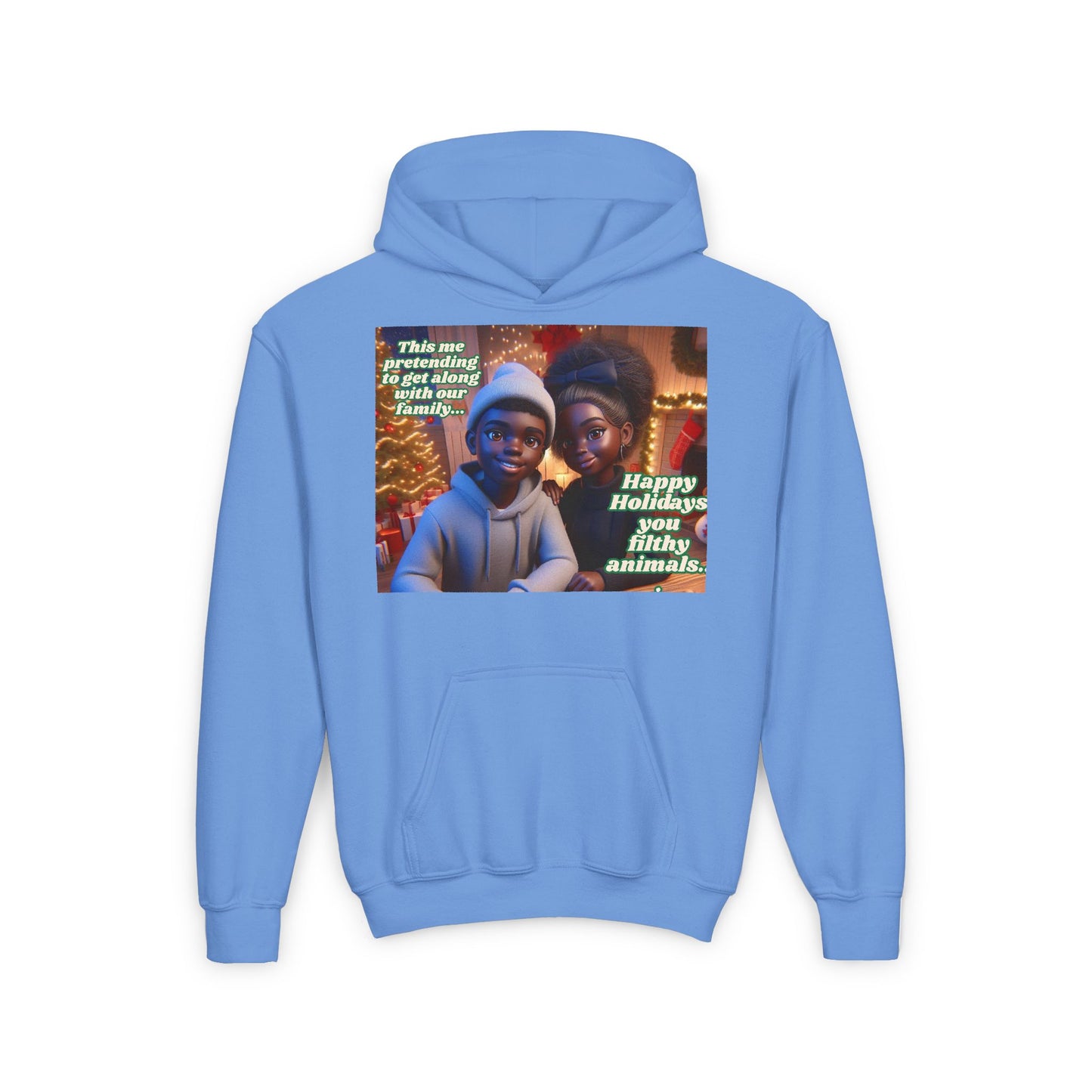 Youth Heavy Blend Hooded Sweatshirt- Happy Holidays You Filthy Animals"