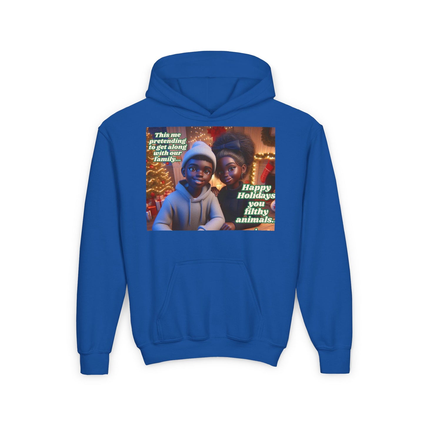 Youth Heavy Blend Hooded Sweatshirt- Happy Holidays You Filthy Animals"