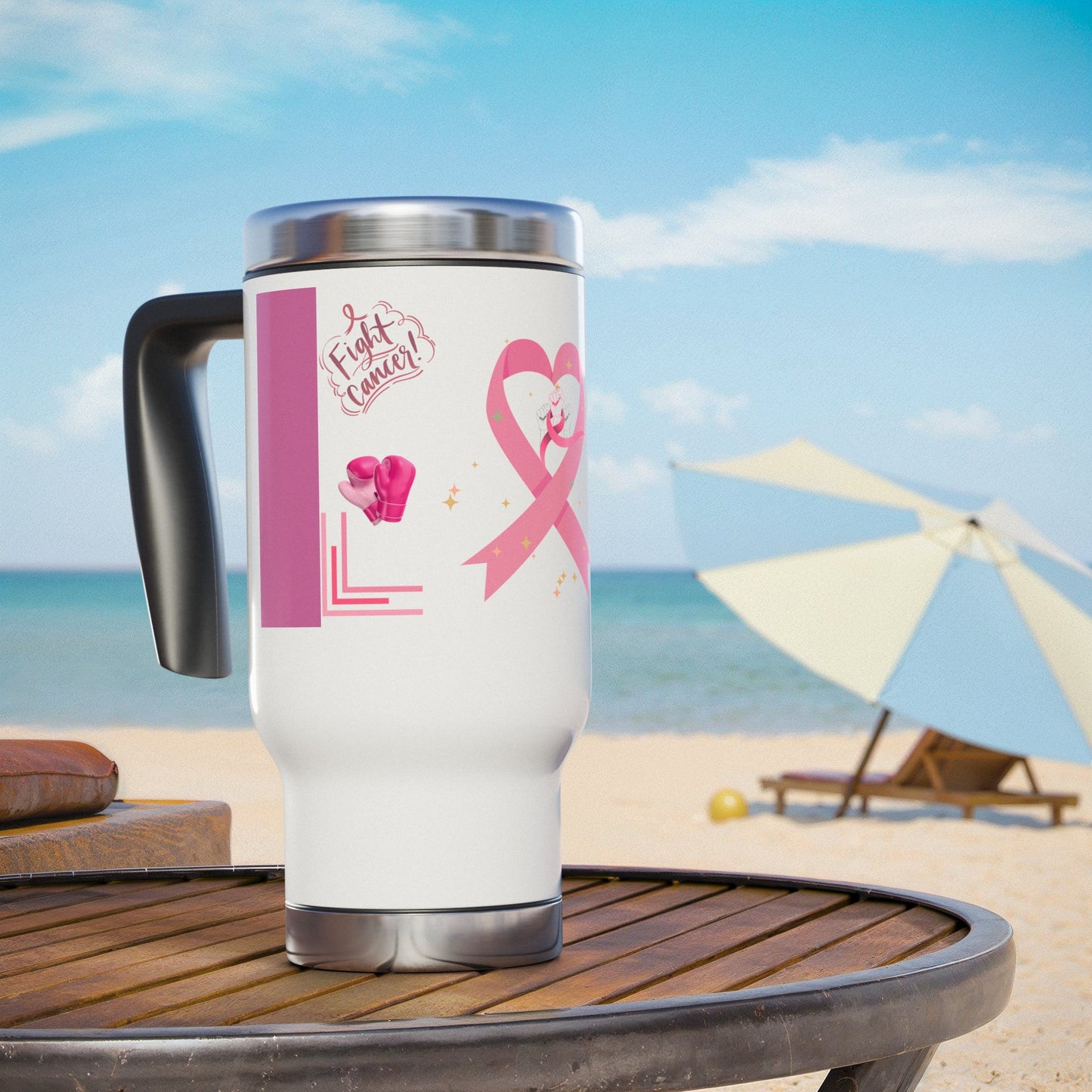 Breast Cancer Awareness- Stainless Steel Travel Mug with Handle, 14oz