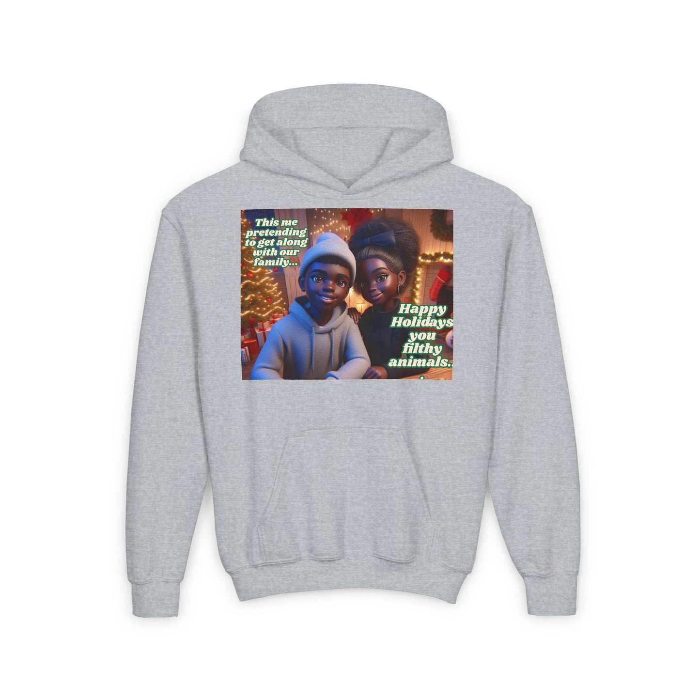 Youth Heavy Blend Hooded Sweatshirt- Happy Holidays You Filthy Animals"